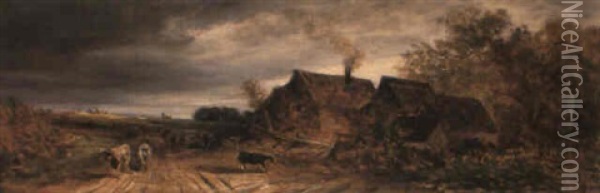 Bauerliches Anwesen Mit Einer Kuhherde Oil Painting - Eduard Schleich the Elder