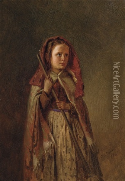 Young Girl In A Hooded Cape Oil Painting - John George Brown