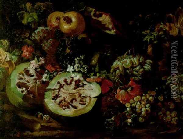 Still Life Of Watermelons, Grapes, Pomegranates, Carnations And Others Flowers Oil Painting - Abraham Brueghel