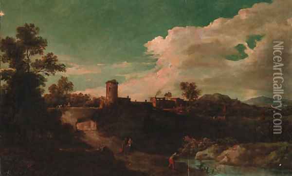 An Italianate landscape with an angler by a pool, with peasants on a track, a village beyond Oil Painting - Jan Frans Van Bloemen (Orizzonte)