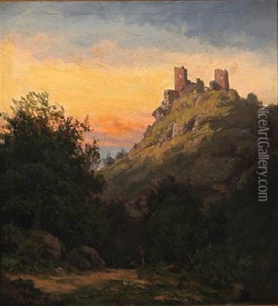 Evening Atmosphere With Ruins On A Hilltop Oil Painting - Edvard Michael Jensen