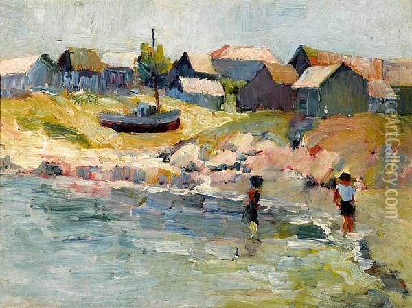 Children Wading At The Water's Edge Oil Painting - August Gay