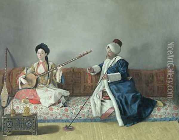 Monsieur Levett and Mademoiselle Helene Glavany in Turkish Costumes Oil Painting - Etienne Liotard