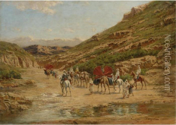 An Algerian Caravan Crossing A Riverbed Oil Painting - Victor Pierre Huguet