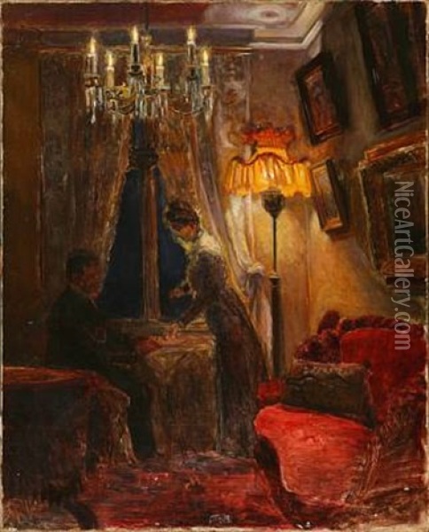 Interior With A Couple Oil Painting - Poul Friis Nybo
