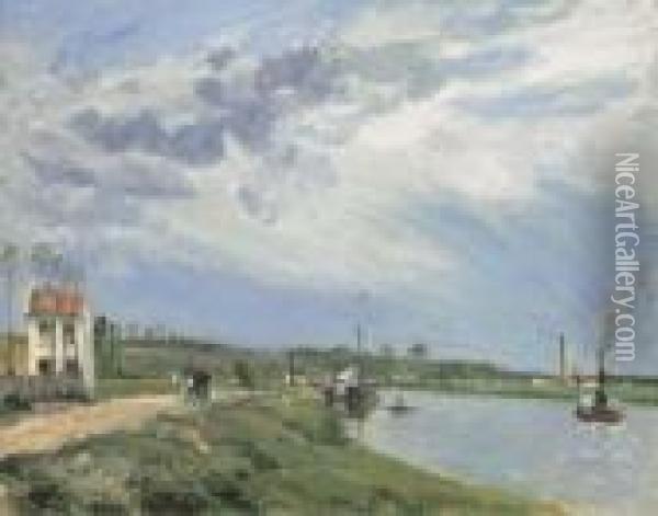 Chemin Au Bord De L'oise Avec Peniche, Barque, Remorqueur,pontoise Oil Painting - Camille Pissarro