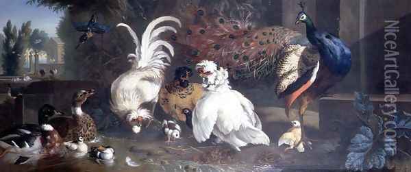 A Peacock, Chickens, Ducks and a Kingfisher Oil Painting - Pieter Casteels