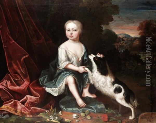 A Young Boy With His Spaniel (a Member Of The Norreys Bertie Family?) Oil Painting - Robert Byng
