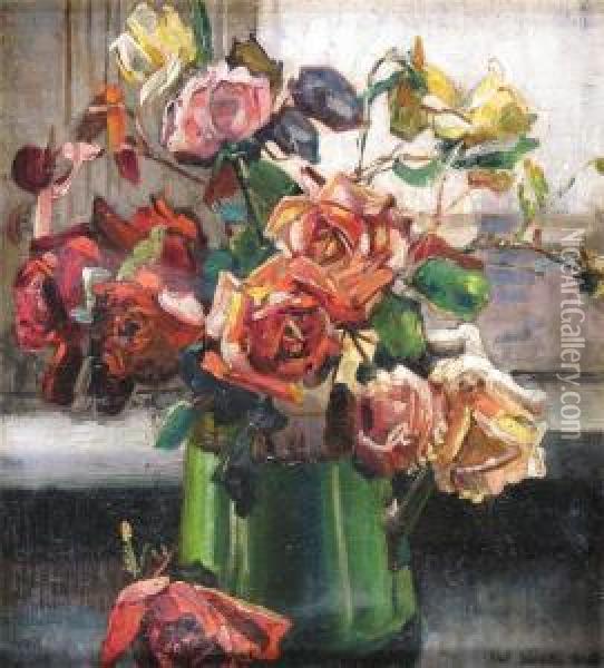 Still Life Of Roses In A Green Jug Oil Painting - Albert Woods