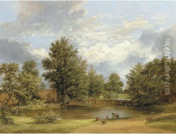 Parkland Landscape With A Gardener By A Pond Oil Painting - James Stark