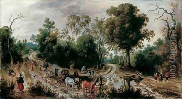 A wooded landscape with travellers in a horse-drawn cart, peasants and cattle on a country road Oil Painting - Sebastien Vrancx