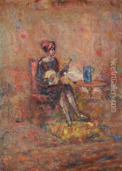 Femme A La Mandoline Oil Painting - Paul Kron