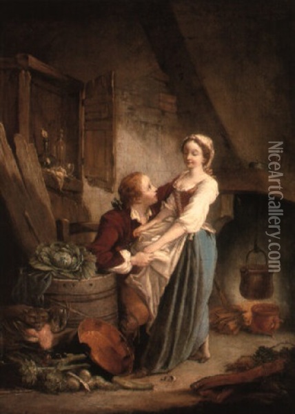 A Young Couple Courting In A Kitchen Oil Painting - Jean-Baptiste Charpentier the Elder