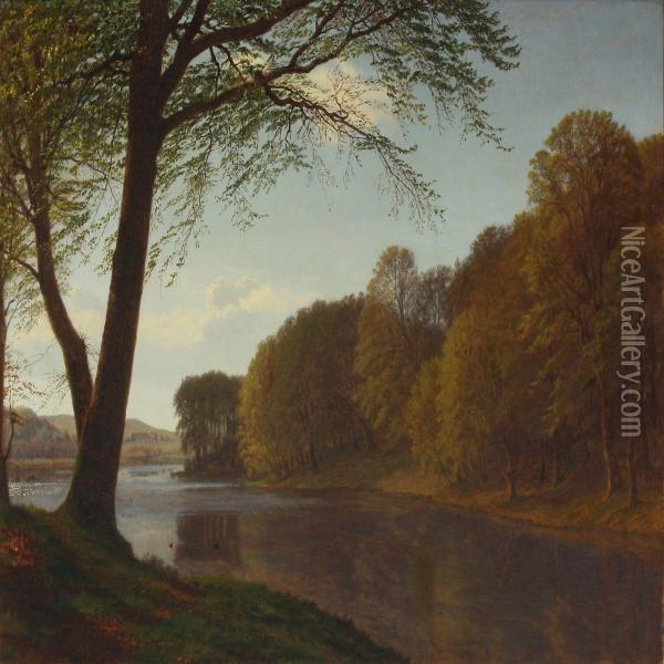 Forest Scenery With Aquiet Lake Oil Painting - Gotfred Rump