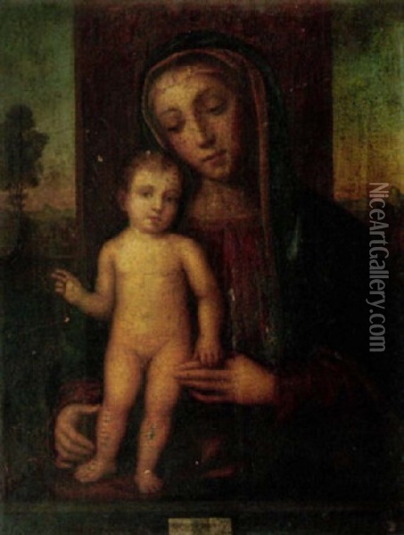 The Madonna And Child Enthroned, A Landscape Beyond Oil Painting - Pier Francesco Bissolo
