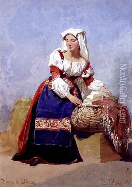 Donna dAlbano portrait of an Italian country girl seated with a basket of washing Oil Painting - Carl Haag