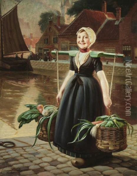 Smiling Dutch Girl Carrying A Basket Of Vegetables Oil Painting - Hermann Knopf