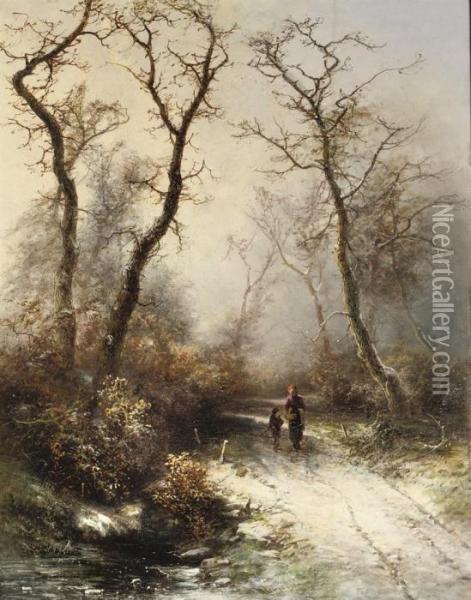 Along A Snowy Path Oil Painting - Pieter Lodewijk Francisco Kluyver