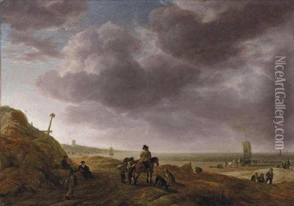 A Beach Scene With A Rider And Fishermen Oil Painting - Simon De Vlieger
