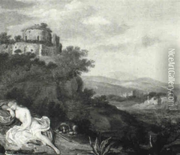Italianate Landscape With Diana Sleeping By A Pool Oil Painting - Hendrick Frans van Lint