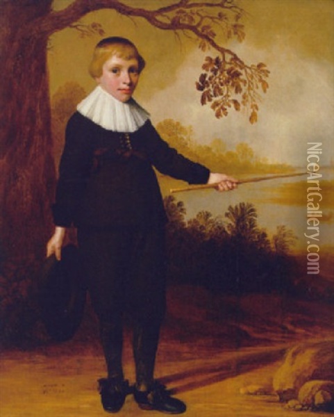 Portrait Of A Boy, Aged Seven, In A Brown Costume, A Hat In His Right Hand And A Stick In His Left, Indicating A River Landscape Beyond Oil Painting - Jan Daemen Cool