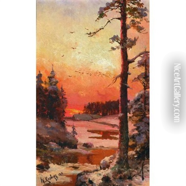 A Wooded Landscape At Sunset Oil Painting - Yuliy Yulevich (Julius) Klever