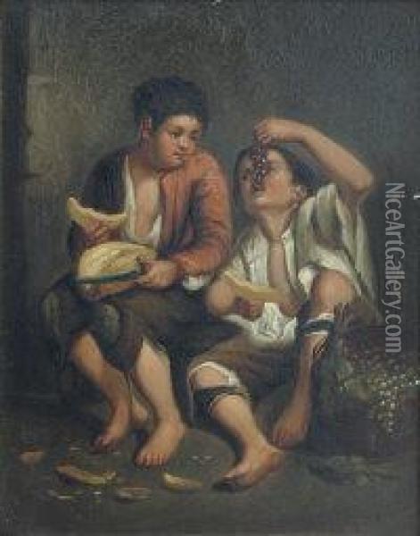 Street Urchins Eating Melon And Grapes Oil Painting - Jose Morillo Ferradas