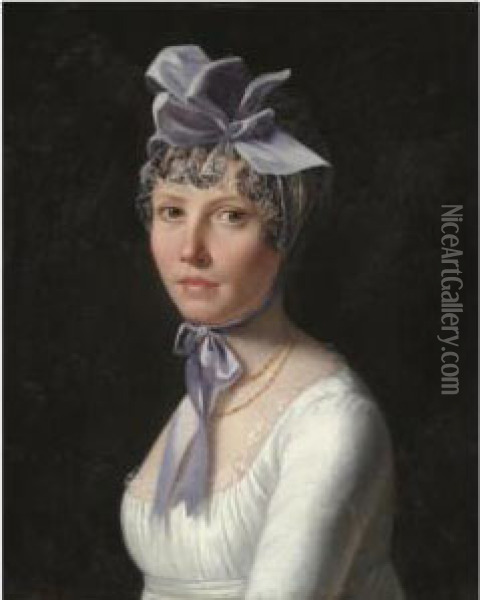Portrait Of A Lady, Head And Shoulders, Wearing A White Dress Andpurple Hat Oil Painting - Henri Nicolas Van Gorp