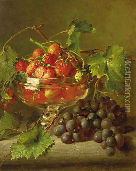 A still life with strawberries and grapes Oil Painting - Adriana-Johanna Haanen