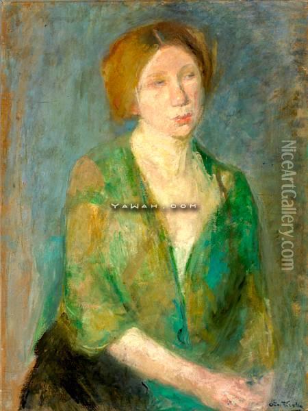Kvinne I Gronn Bluse Olje Pa Plate Oil Painting - Othilia, Oda Krohg