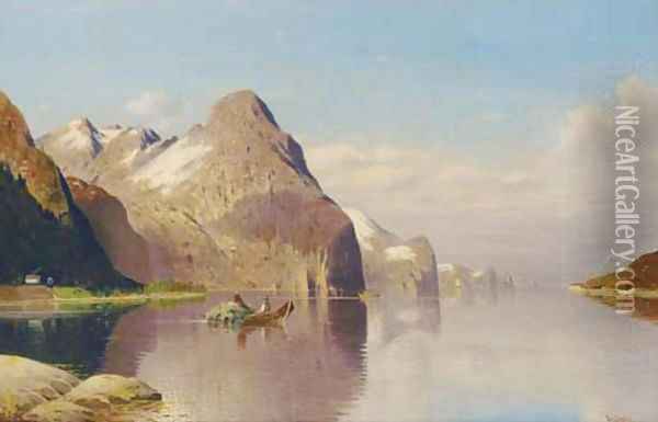 Rowing hay across the fjord Oil Painting - Fritz Chwala