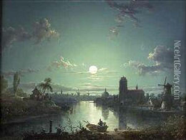 A Riverside Town By Moonlight Oil Painting - Sebastian De Pian