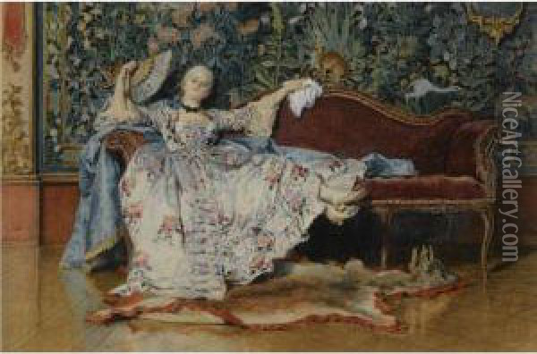 A Reclining Lady With A Fan Oil Painting - Eleuterio Pagliano