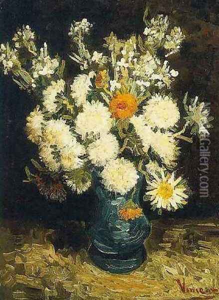 Flowers In A Blue Vase Oil Painting - Vincent Van Gogh