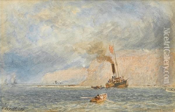 A Crowded Excursion Steamer Inshore Below Acliff, With Small Craft Coming Out To Her Oil Painting - George Weatherill