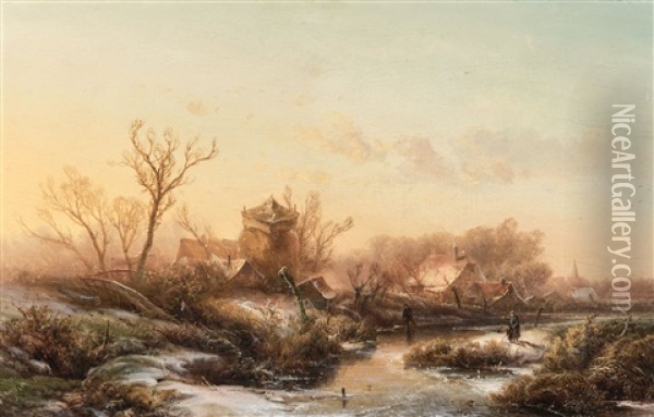 A Winter Landscape With Ice Skaters At Dusk Oil Painting - Pieter Lodewijk Francisco Kluyver
