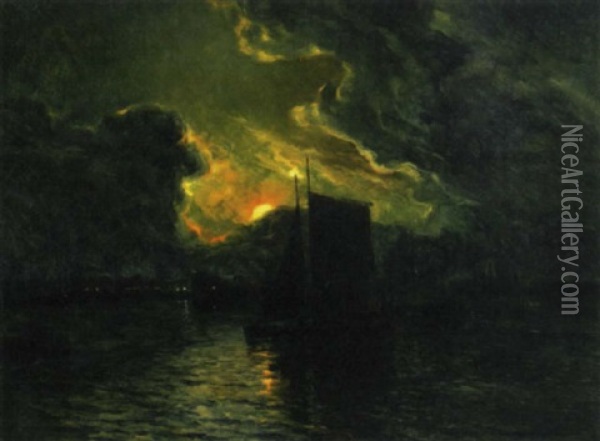 A Port Scene At Sunset With A Fishing Boat In The Foreground Oil Painting - Luis Graner y Arrufi