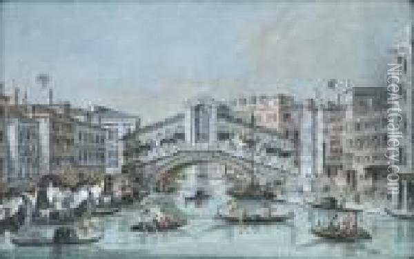 Vue Du Pont Du Rialto Et Vue De La Salute Et De La Dogana Damar, Venise Oil Painting - Giacomo Guardi
