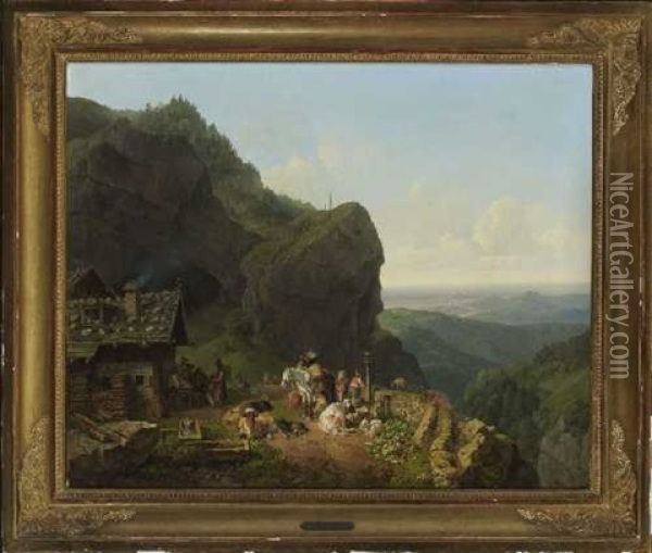 Wirtshaus Auf Der Alm Mit Alpzug Oil Painting - Heinrich Buerkel