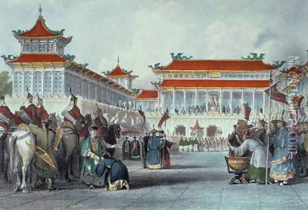 The Emperor Teaon-Kwang Reviewing his Guards, Palace of Peking, from 'China in a Series of Views' Oil Painting - Thomas Allom