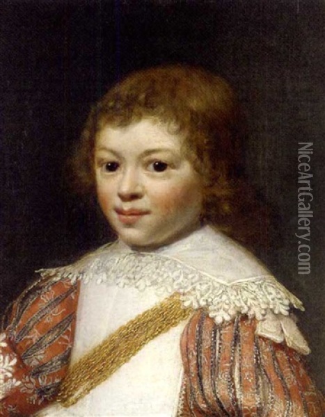 Portrait Of A Boy (prince Rupert?) In A Red Costume And White Collar Oil Painting - Jan Anthonisz Van Ravesteyn