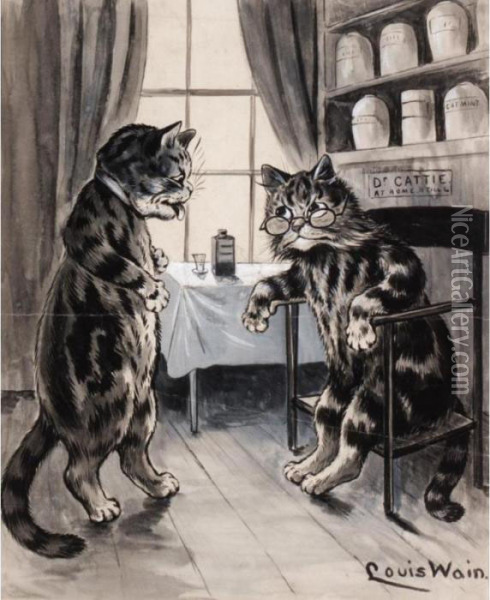 In The Doctor's Consulting Room Oil Painting - Louis William Wain