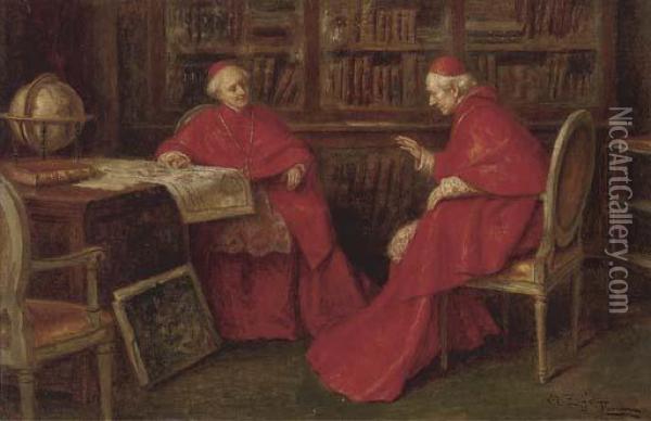 Cardinals Studying A Map Oil Painting - A. Zoffoli