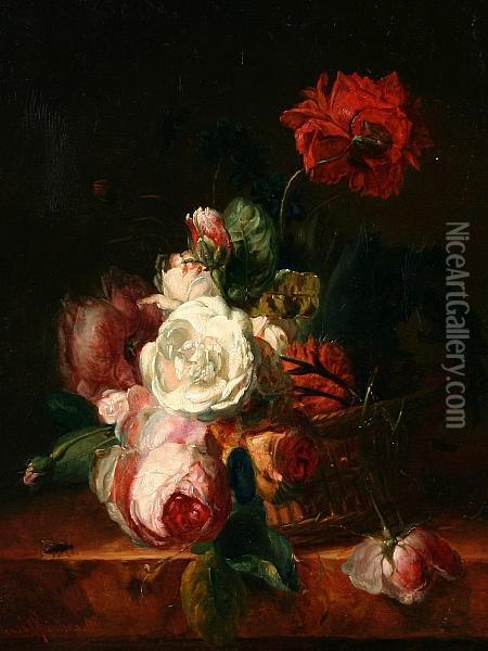 Still Life Of Flowers In A Basket Oil Painting - Louis, Ludwig Reinhardt