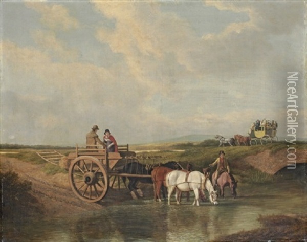 A Landscape With A Cart At A Ford, Farmhorses Watering, And A Coach Beyond Oil Painting - Jacques-Laurent Agasse