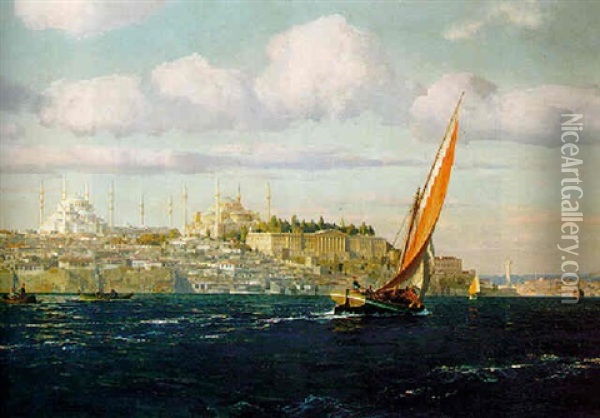 A View Of The Golden Horn On The Bosphorus, Istanbul Oil Painting - Michael Zeno Diemer