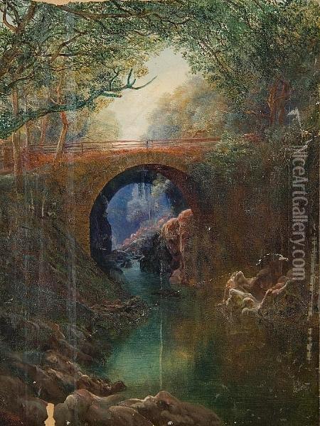 Roman Bridge North Wales Oil Painting - Thomas Finchett