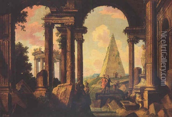 Roman Ruins With Figures, The Pyramid Of Cestius In The Background Oil Painting - Peter Nikolaus Buson