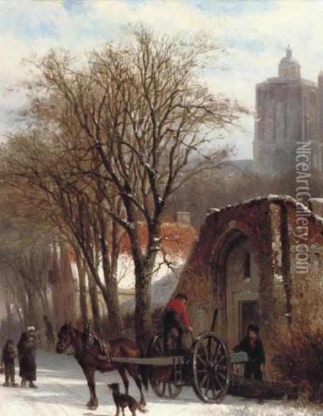 Brielle In Winter: Unloading The 'malle Jan' Oil Painting - Cornelis Springer