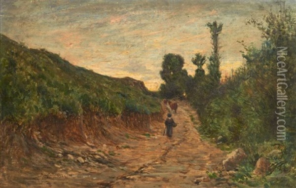 Berger Et Vaches Sur Un Chemin Oil Painting - Adolphe Appian